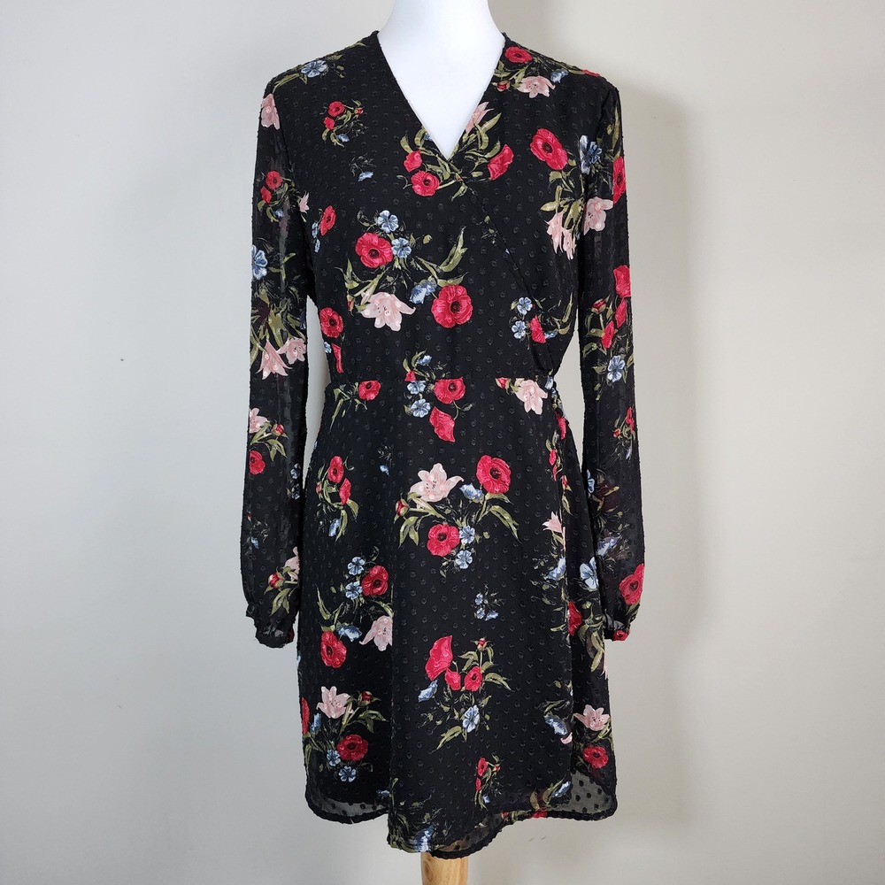 Dynamite Floral Wrap Dress Womens Large Black Red Romantic Boho Cocktail Goth